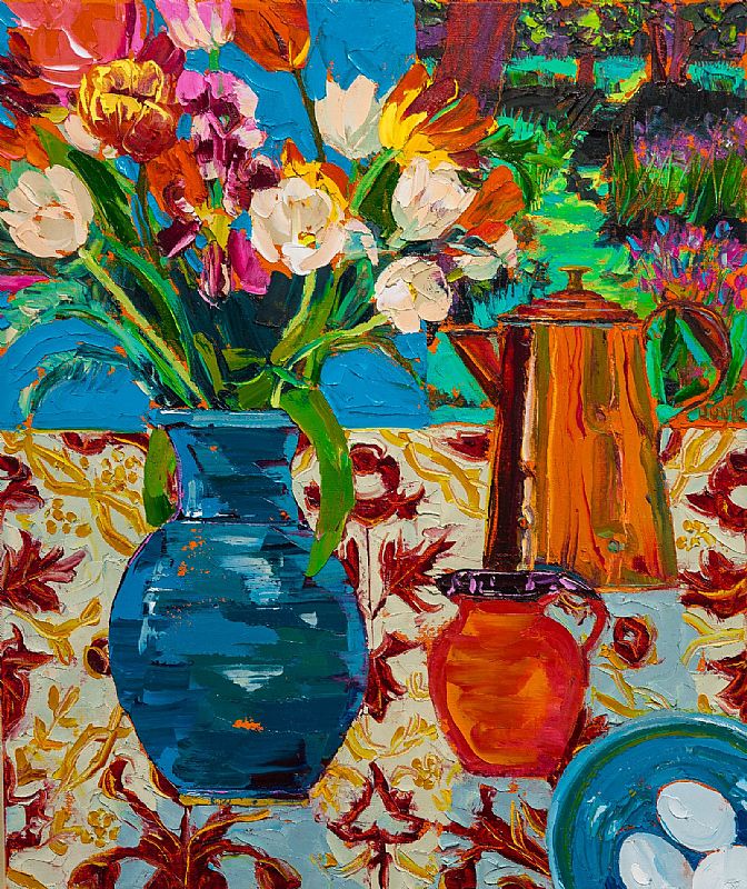 Lucy Doyle - Copper pot with mixed tulips